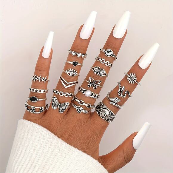 NEW 21pc Boho Ring Set – Retro Silver Stackable Rings, Flower Jewelry, Butterfly - Picture 4 of 4